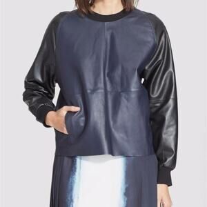Vince Black Blue Colorblock Lamb Leather Long Sleeve Pullover